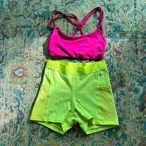 Super stretch, neon green. High waisted shorts ( just the short)